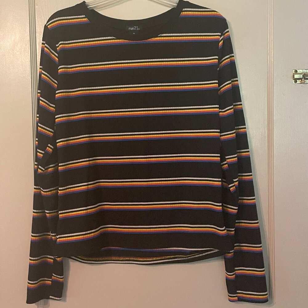 Rue21: Long Sleeve Black with Bright Stripes Top